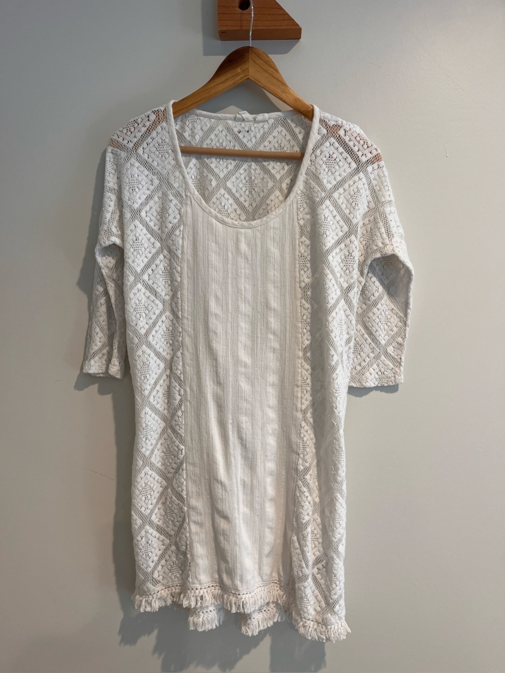 🌞ROXY Cream Ivory CROCHET LACE Dress FRINGE HEM Coverup Tunic 3/4 Sleeves Beach